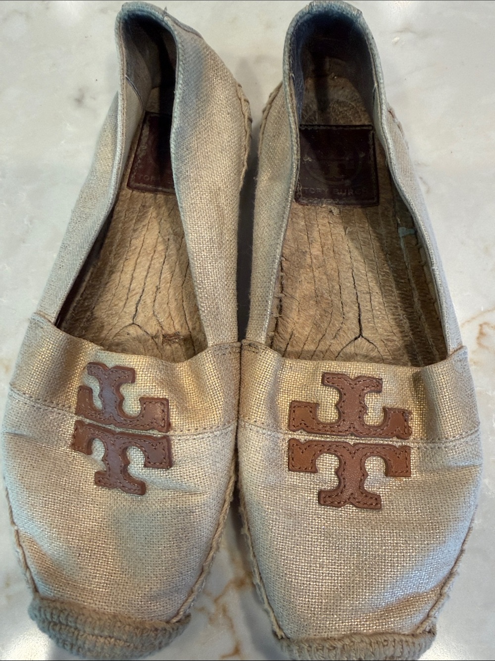 Tory Burch Natural Linen Espadrille Flats with Brown Leather Logo